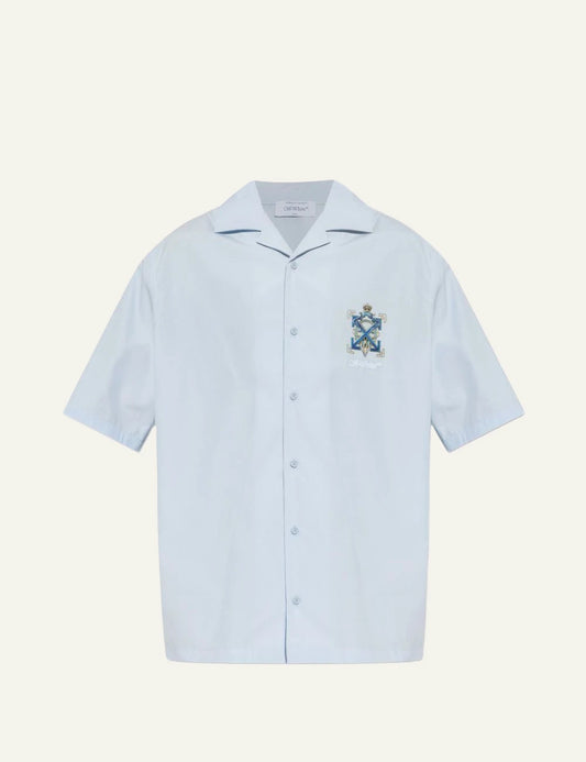 off white shirt light blue camp collar short sleeve logo chest front flat view