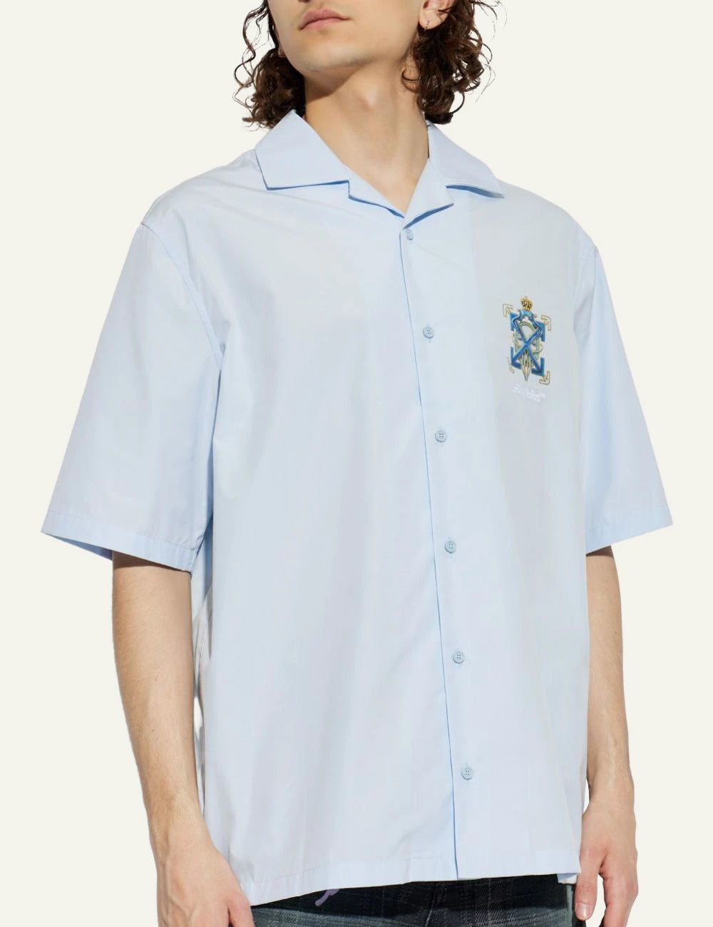 off white shirt light blue camp collar short sleeve logo chest front model view