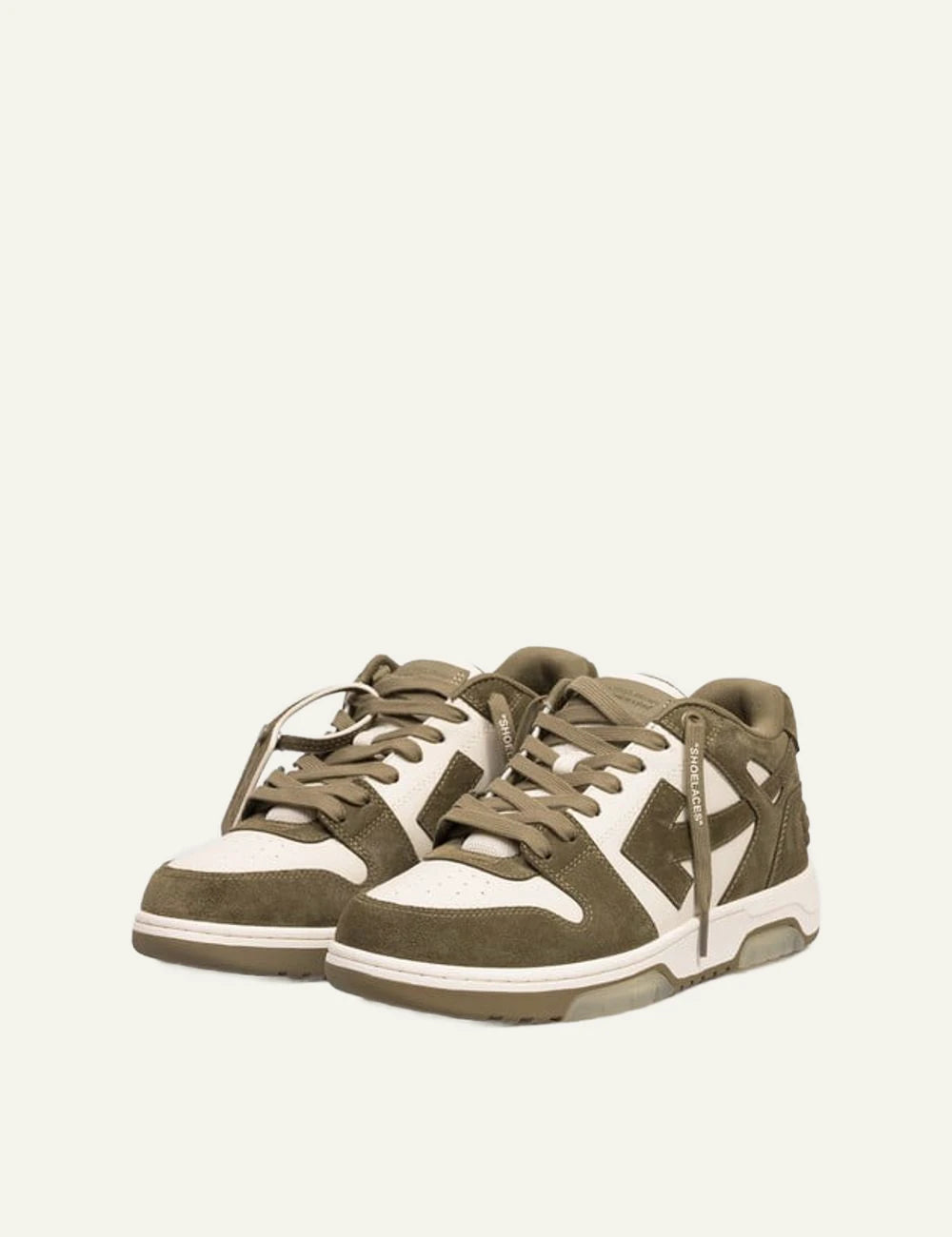 Off-White low sneakers khaki white suede leather arrows angled view