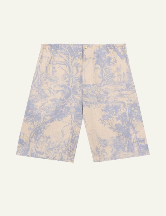 Off-White Men’s Beige Linen Blend Shorts With Blue Toile Print