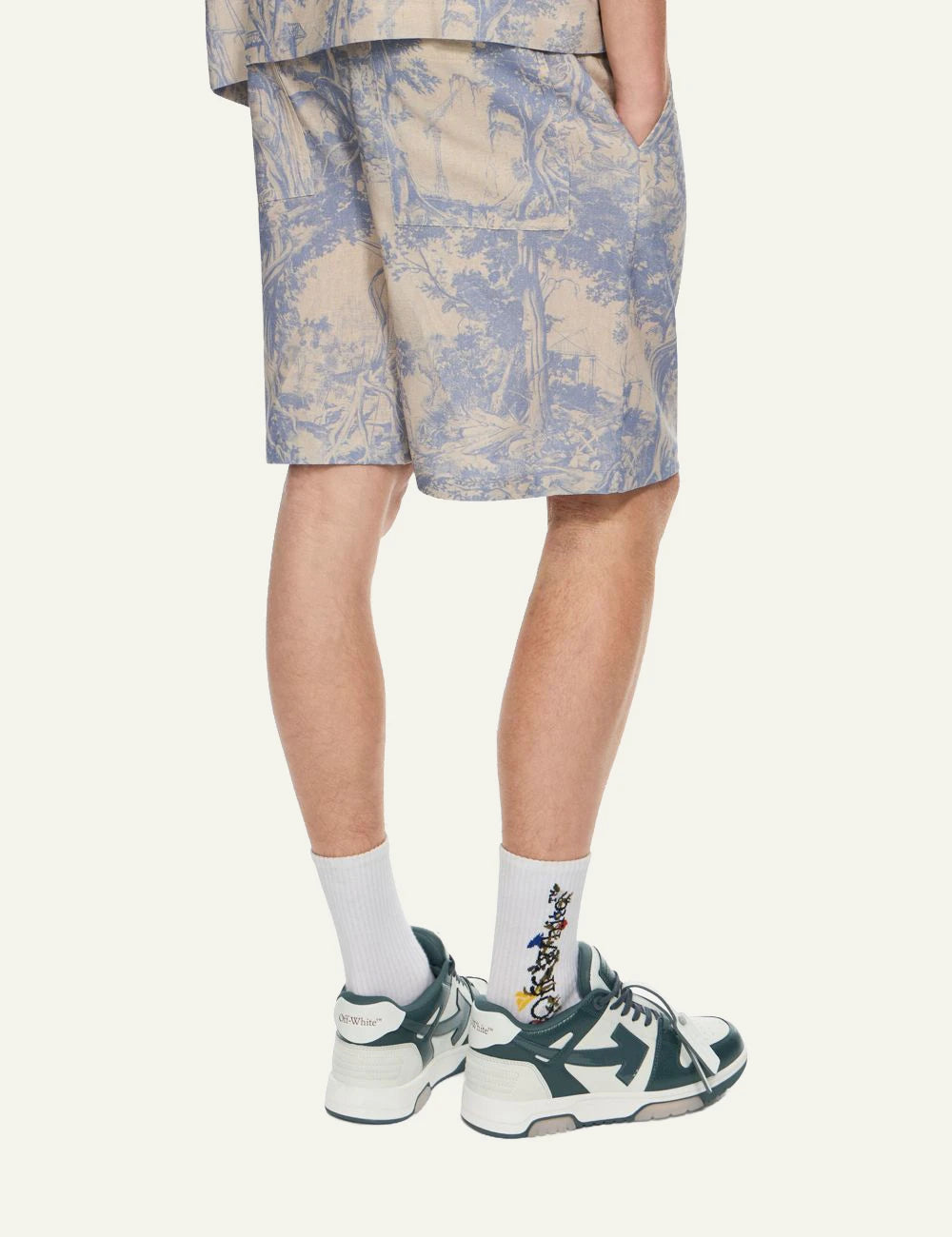 Off-White Men’s Beige Linen Blend Shorts With Blue Toile Print back