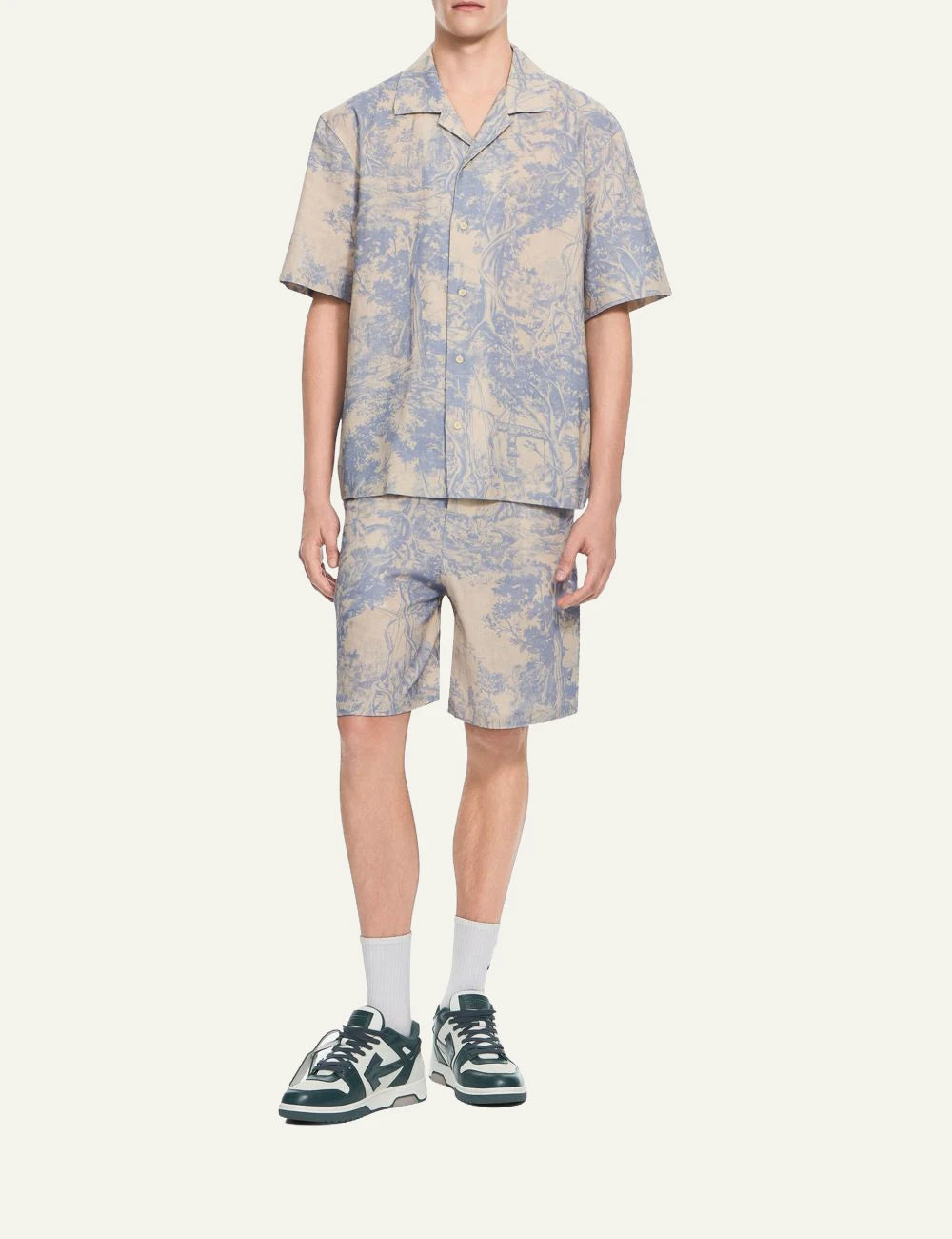 Off-White Men’s Beige Linen Blend Shorts With Blue Toile Print full body