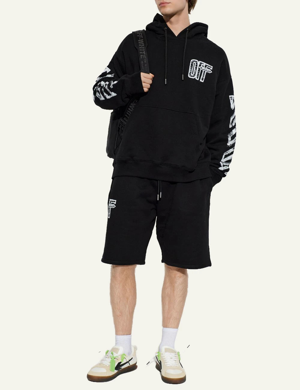 Off-White Men’s Black Cotton Hoodie With White Arrow Graphics full body
