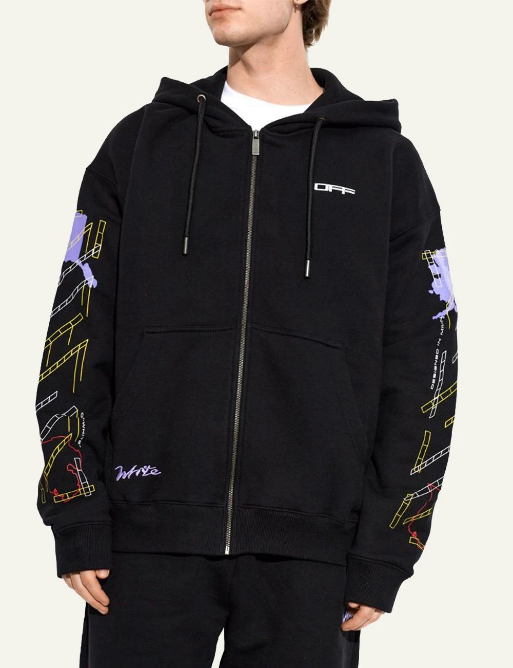 Off-White Men’s Black Cotton Multicolor Arrow Zip Hoodie model