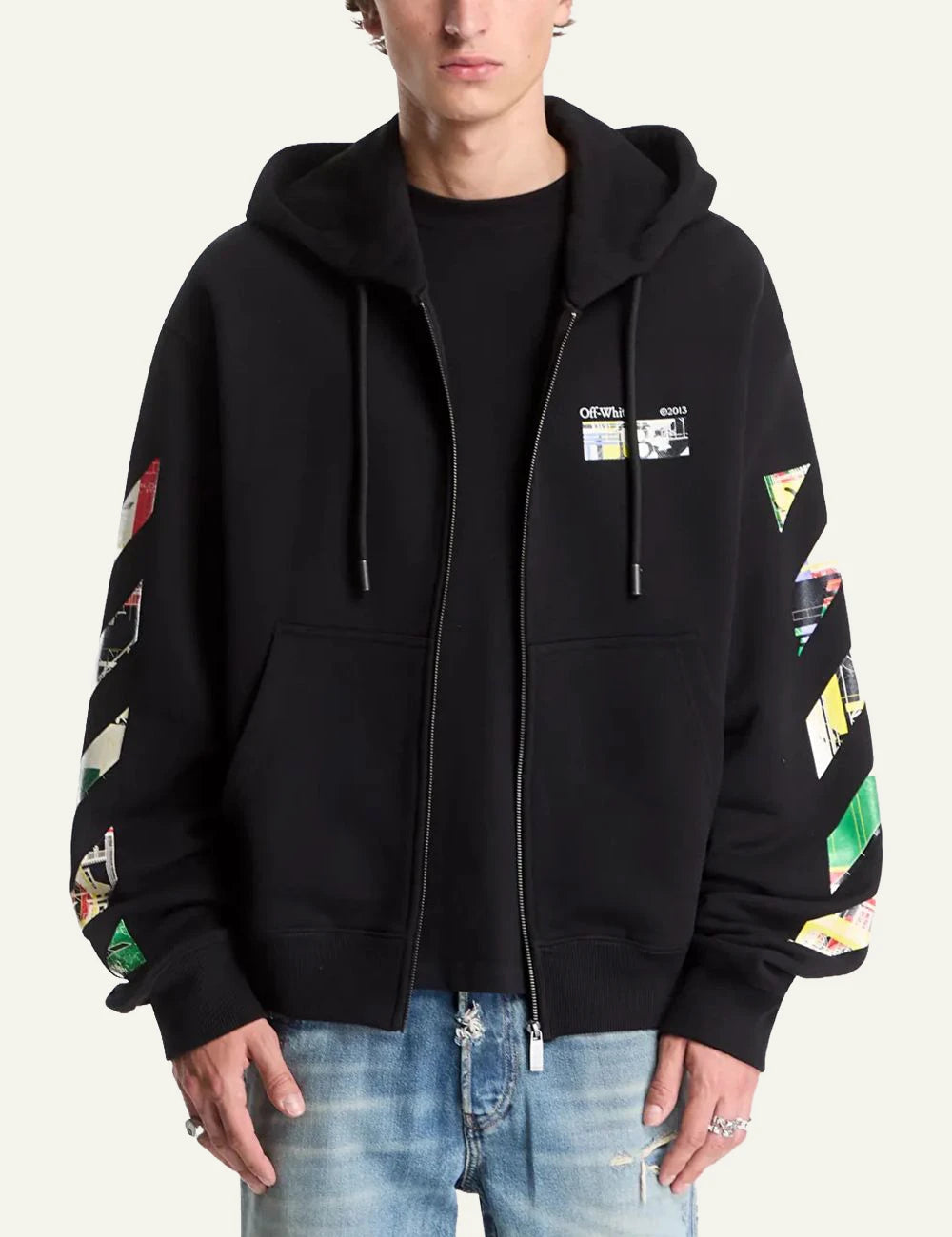Off-White Men’s Black Zip-Up Hoodie With Multicolor Arrow Print model