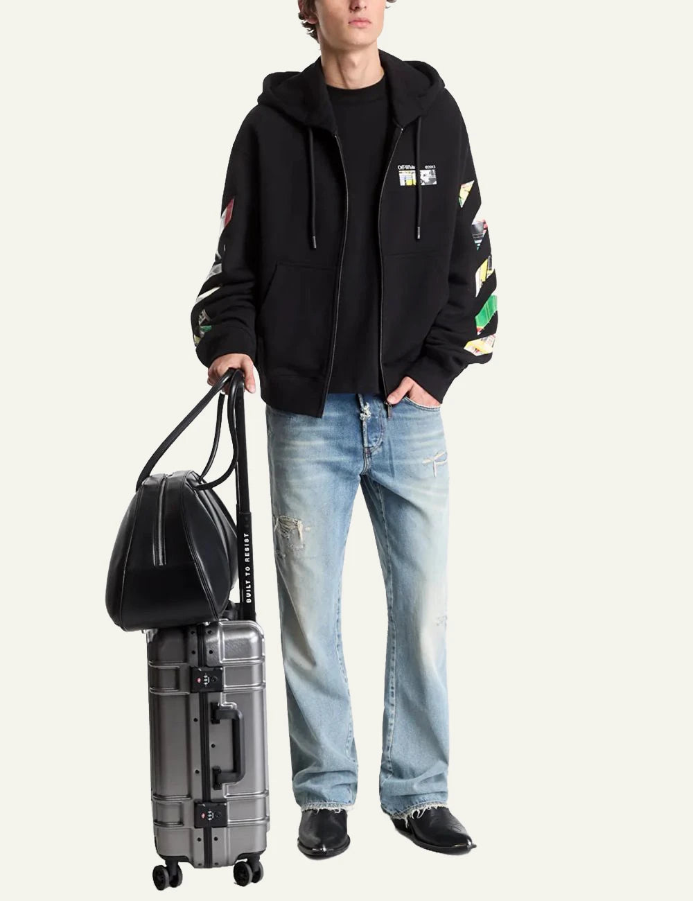Off-White Men’s Black Zip-Up Hoodie With Multicolor Arrow Print full body