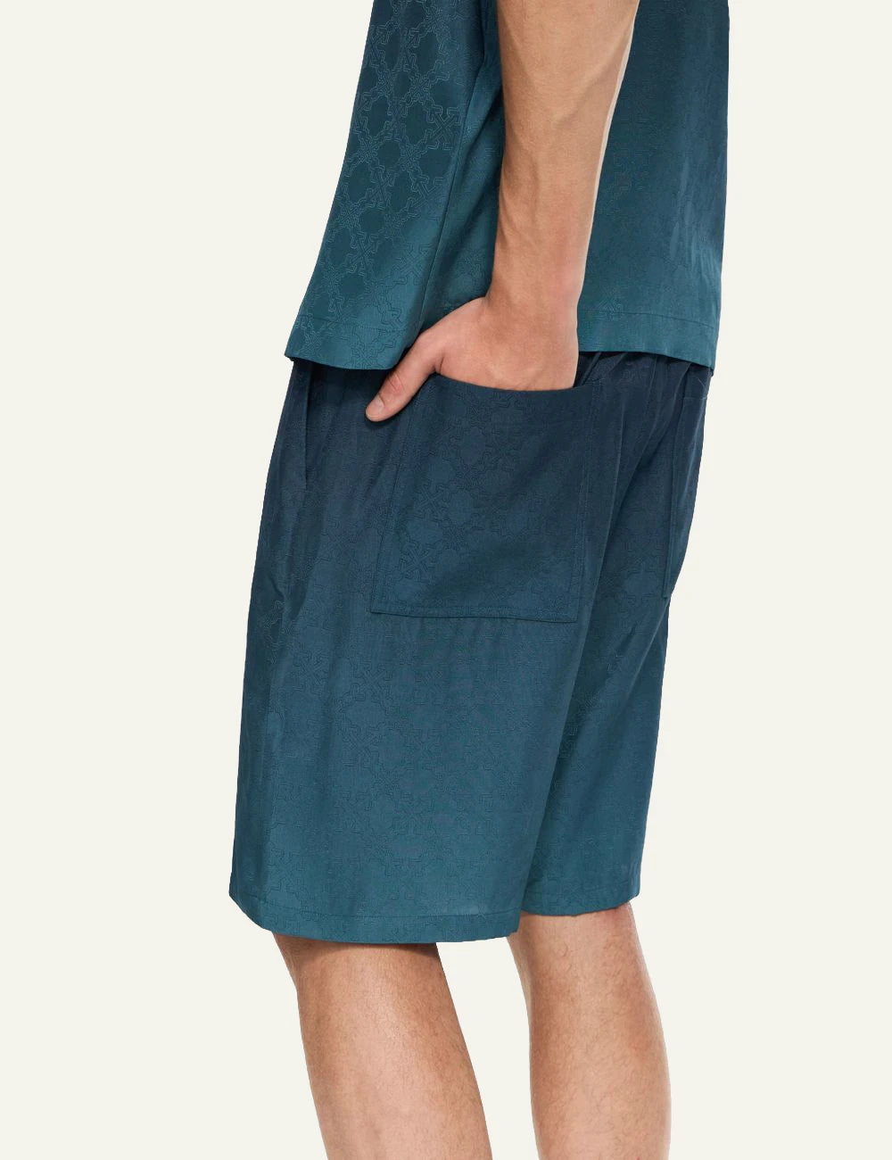 Off-White Men’s Blue Viscose Gradient Arrow Monogram Bermuda Shorts side detail