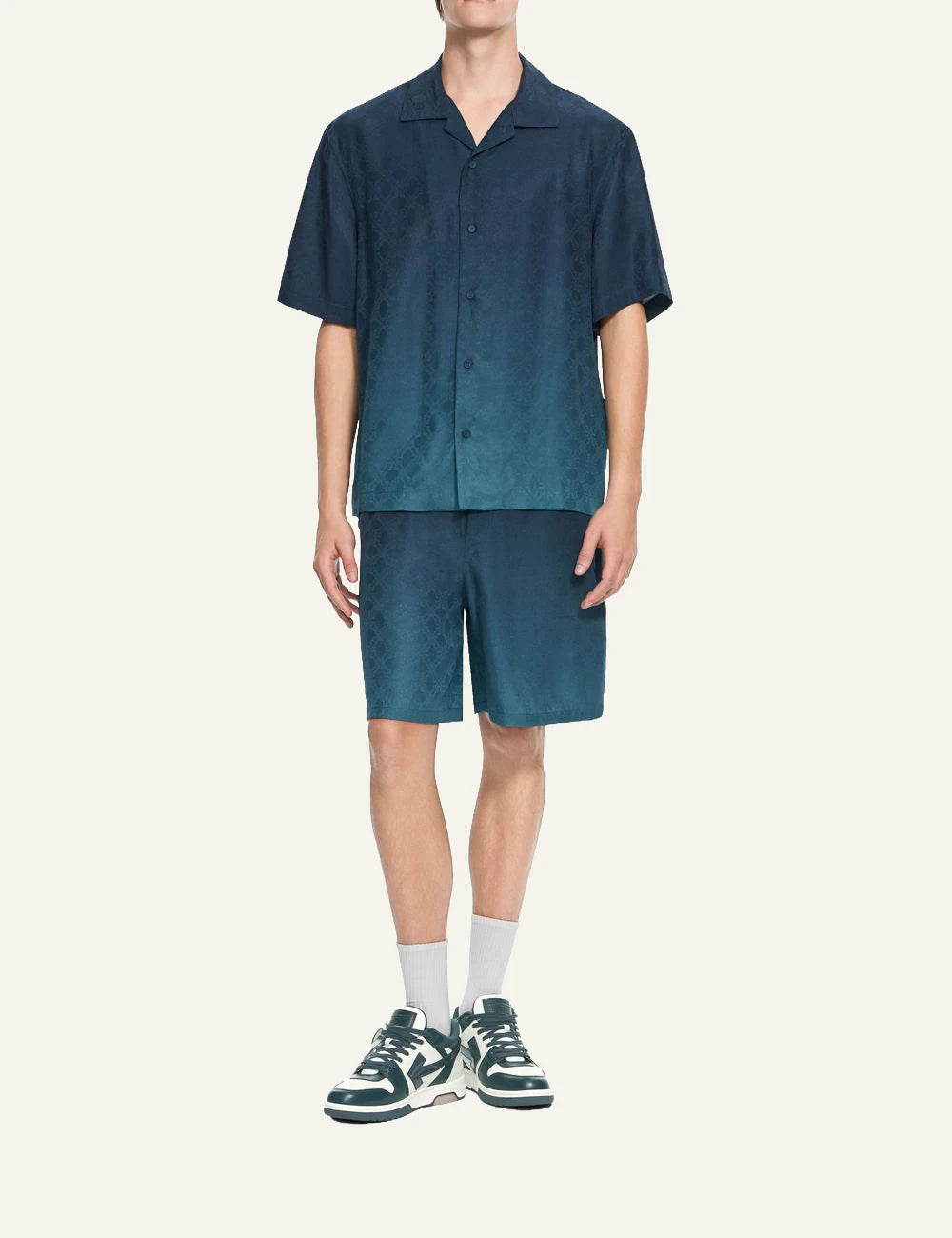Off-White Men’s Blue Viscose Gradient Arrow Monogram Bermuda Shorts full body