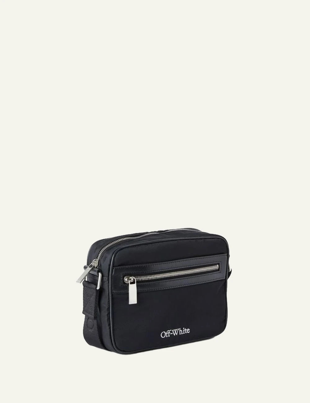 Off-White Nylon Crossbody Bag black me logo strap front zip pocket angled view