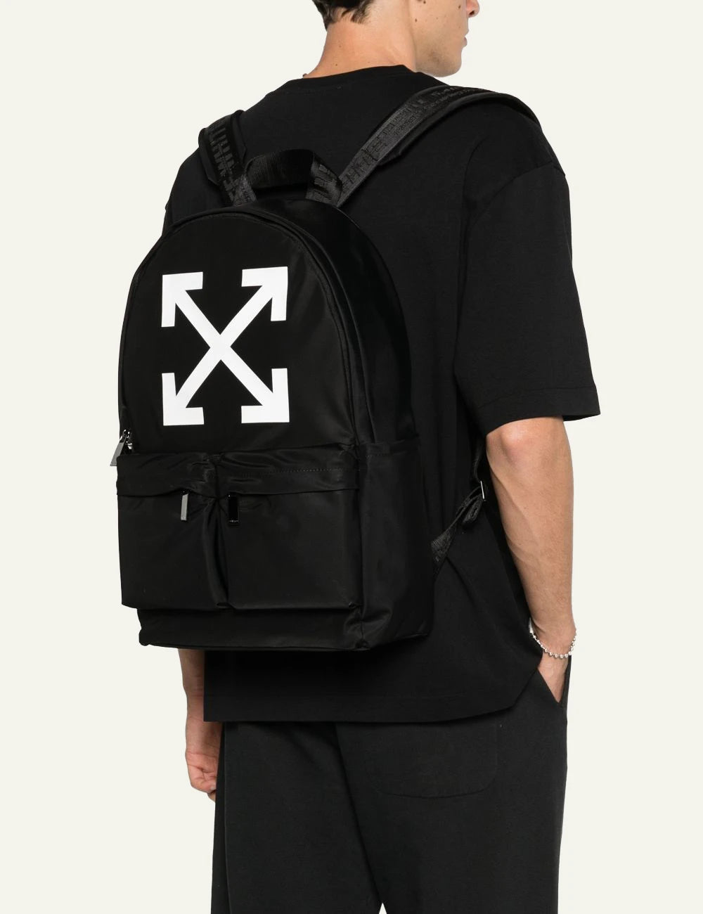 Off White OMNB12BS26FAB001 backpack black white arrow logo front model view