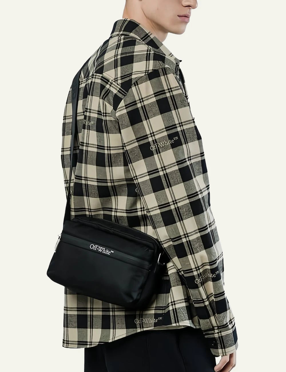 Off-White outdoor camera case black front model view logo detail