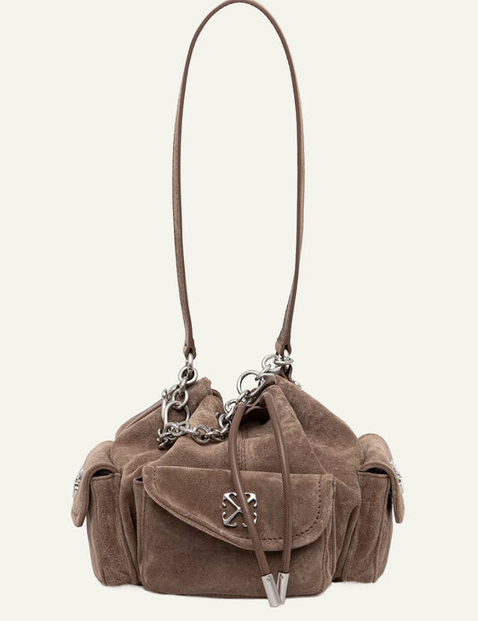 Off White OWMY002S26LEA001 Dumbo B bucket bag suede brown front view chain detail