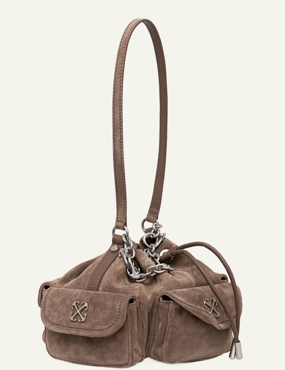 Off White OWMY002S26LEA001 Dumbo B bucket bag suede brown side view chain detail