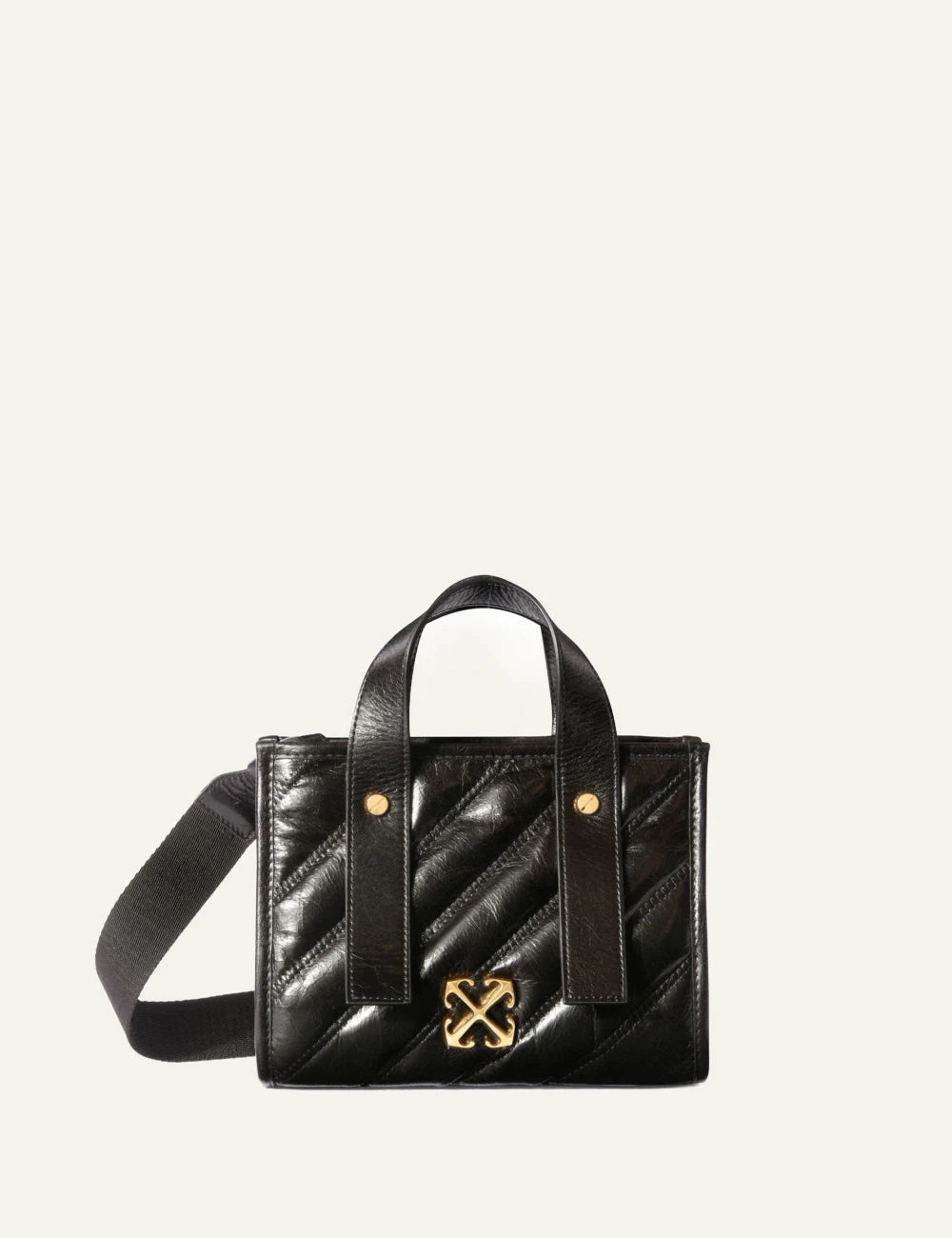 Off White OWNA238C99LEA001 quilting tote bag black leather gold logo front view