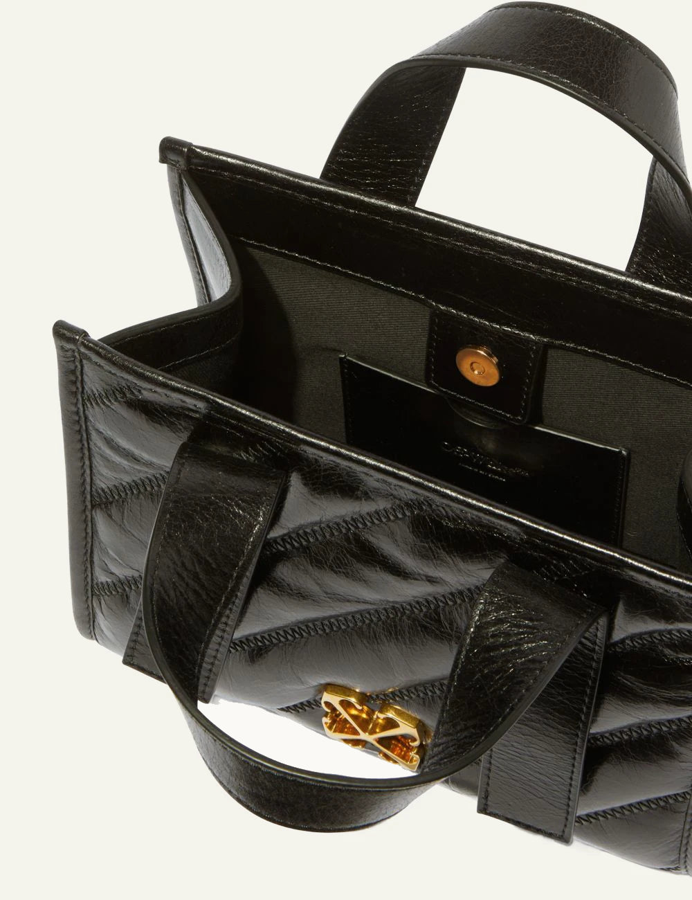 Off White OWNA238C99LEA001 quilting tote bag black leather gold logo top view