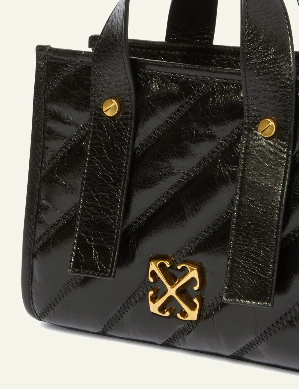 Off White OWNA238C99LEA001 quilting tote bag black leather gold logo front detail view