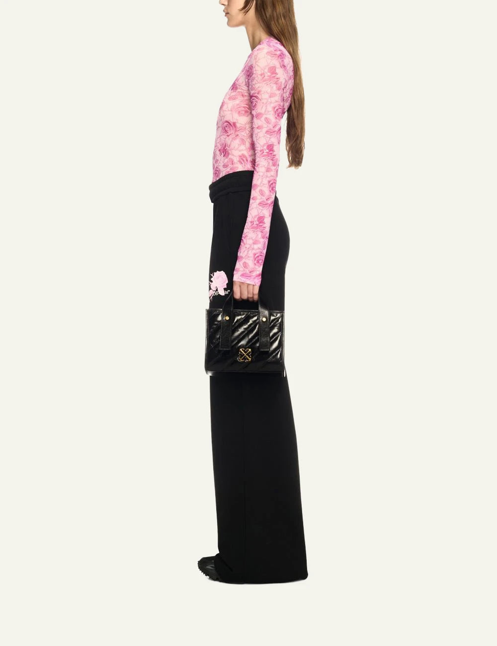 Off White OWNA238C99LEA001 quilting tote bag black leather gold logo front model view