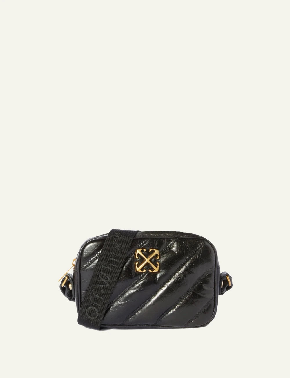 Off White OWNN18EC99LEA001 quilting camera bag black leather gold logo front view