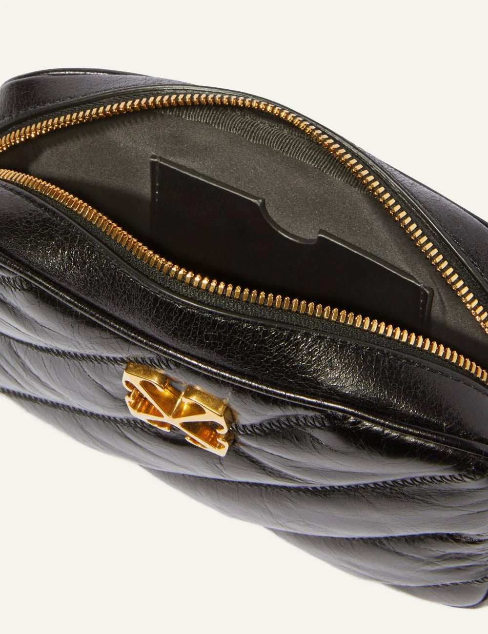 Off White OWNN18EC99LEA001 quilting camera bag black leather gold logo top view