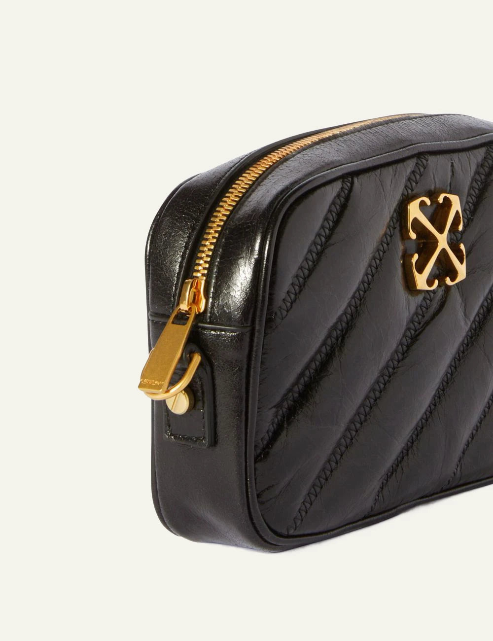 Off White OWNN18EC99LEA001 quilting camera bag black leather gold logo side detail view