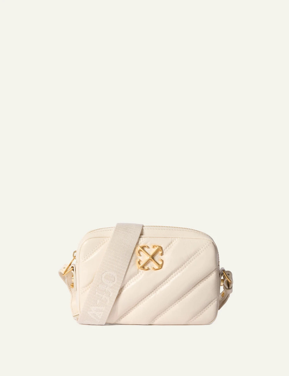 Off White OWNN18EC99LEA001 quilting camera bag dust beige leather gold logo front view