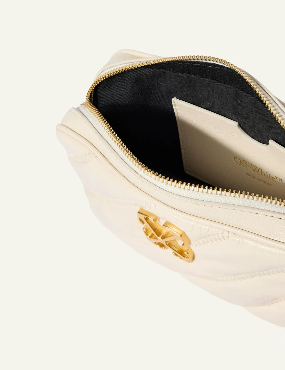 Off White OWNN18EC99LEA001 quilting camera bag dust beige leather gold logo top view