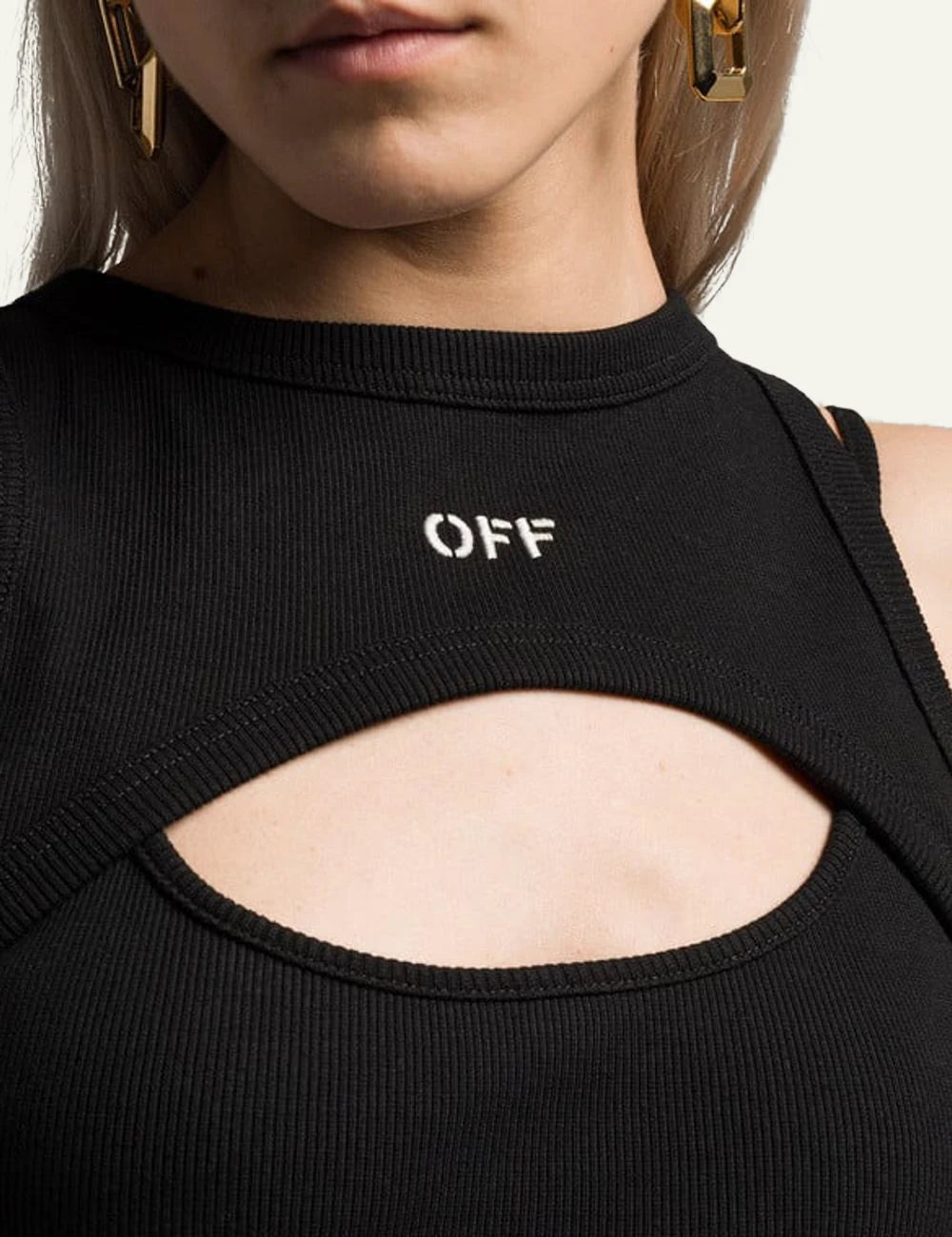 Off-White ribbed dress black cut out logo sleeveless front detail view