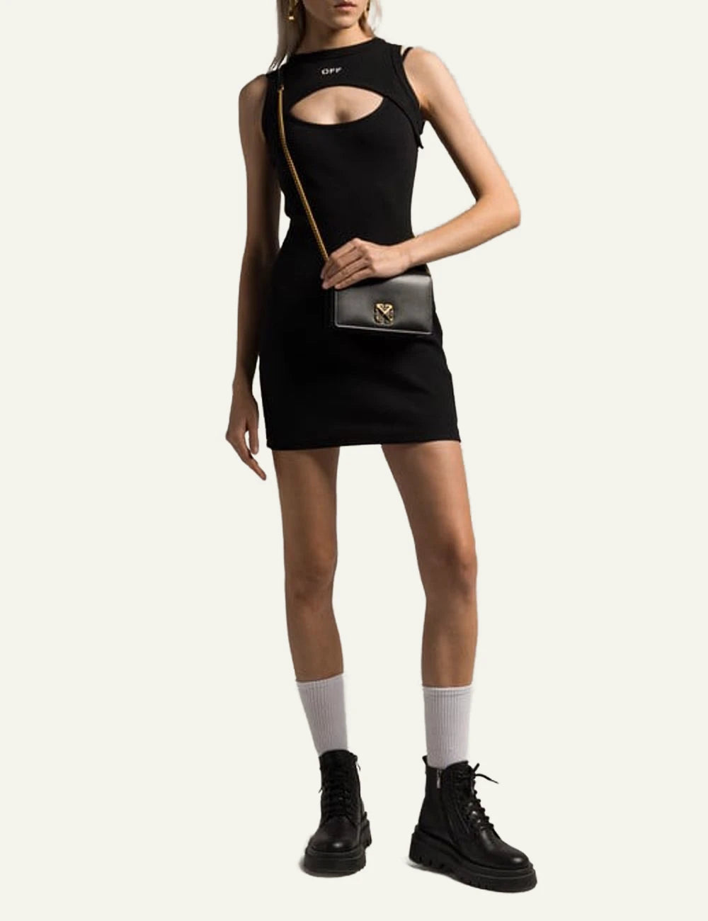 Off-White ribbed dress black cut out logo sleeveless front full body view