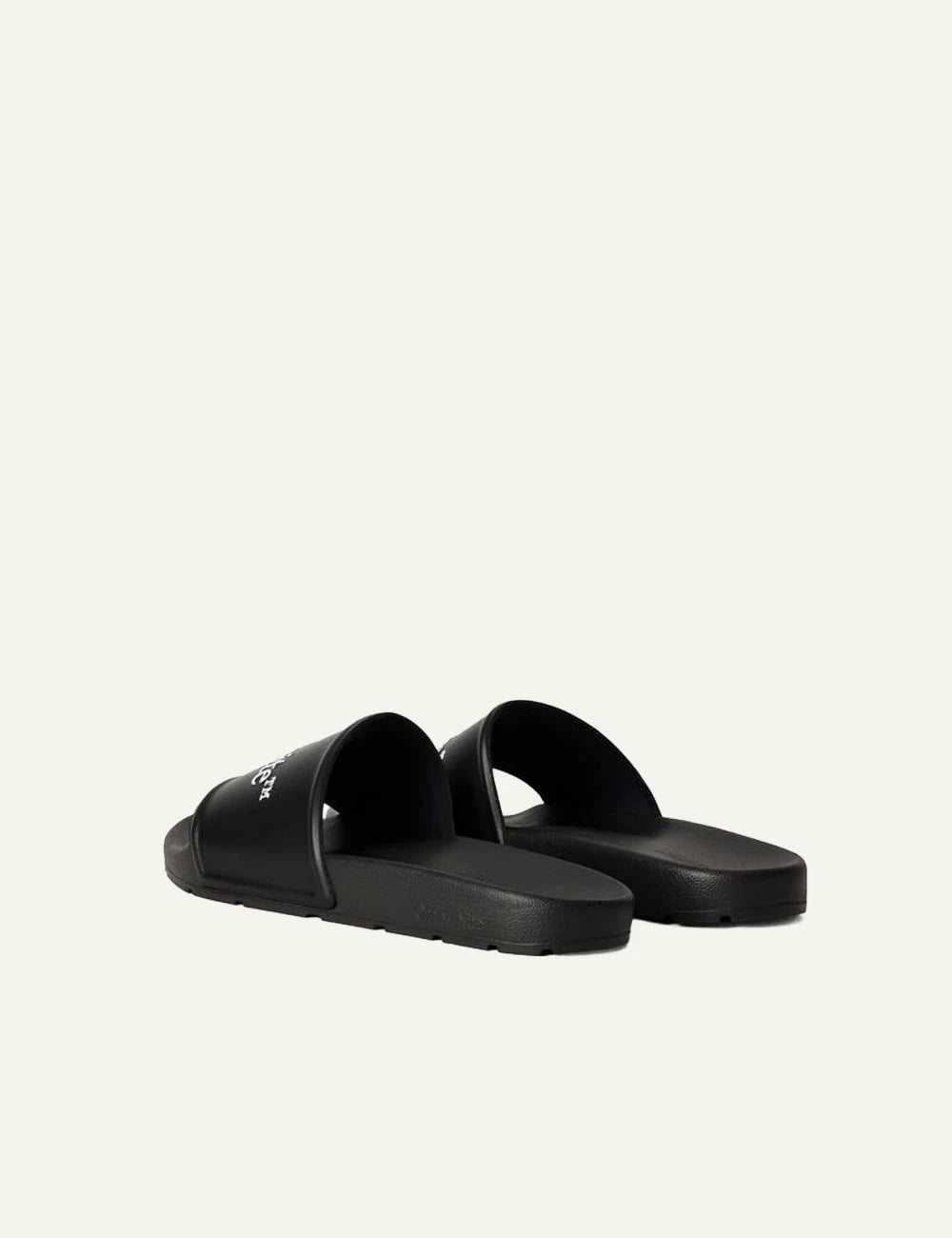 Off-White slider black logo strap flat sandal back view