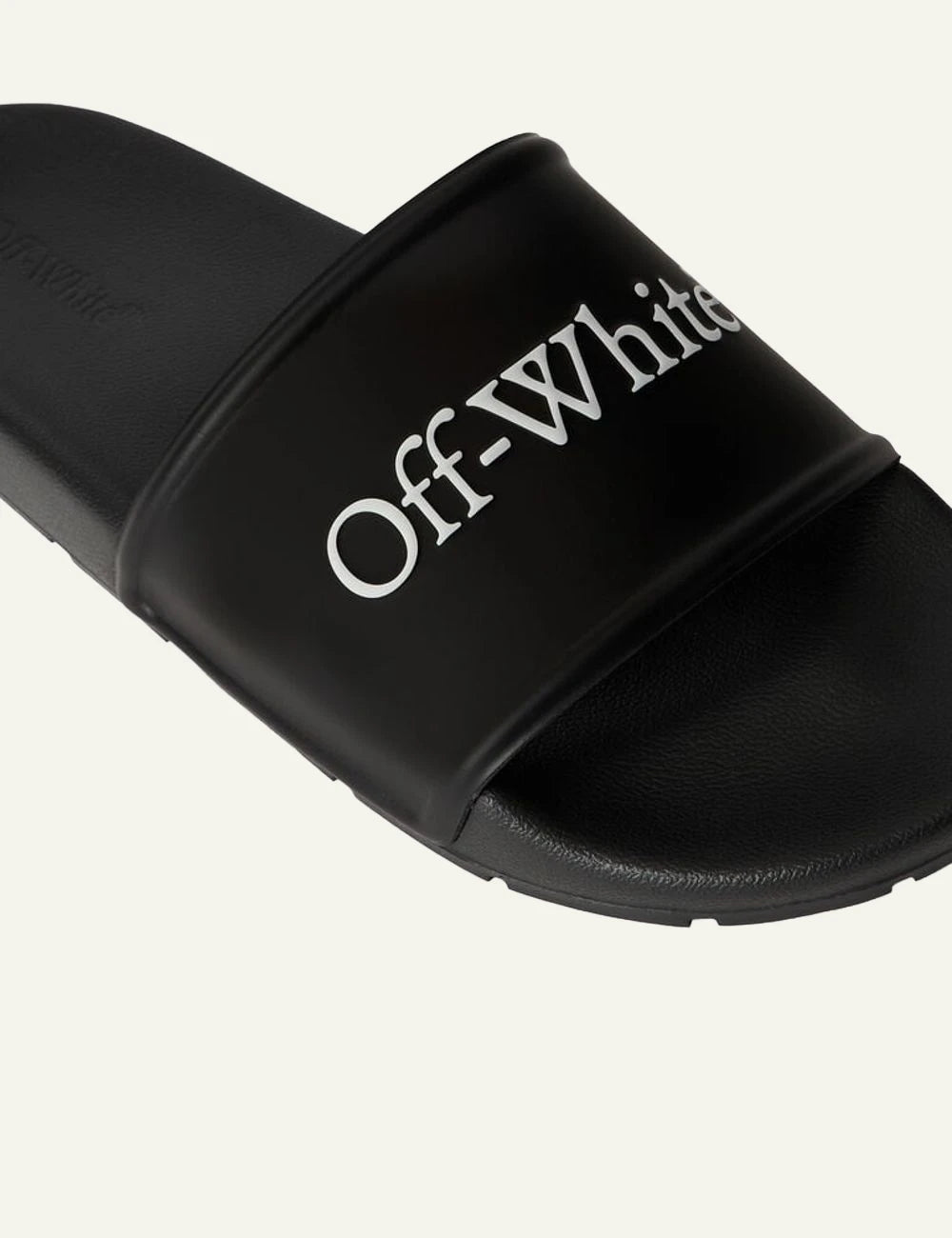 Off-White slider black logo strap flat sandal top view