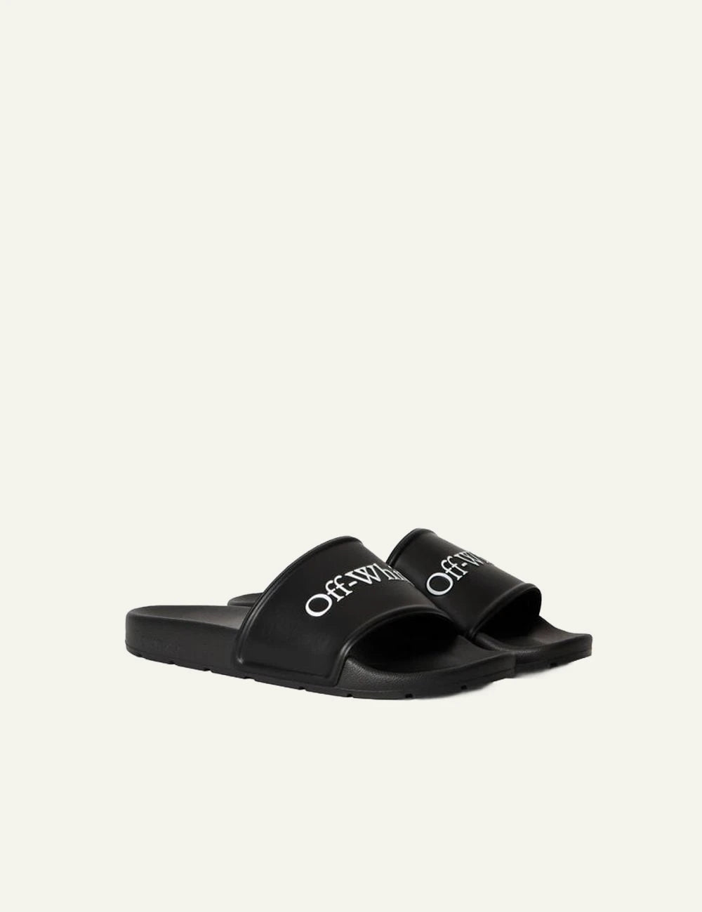 Off-White slider black logo strap flat sandal angled view