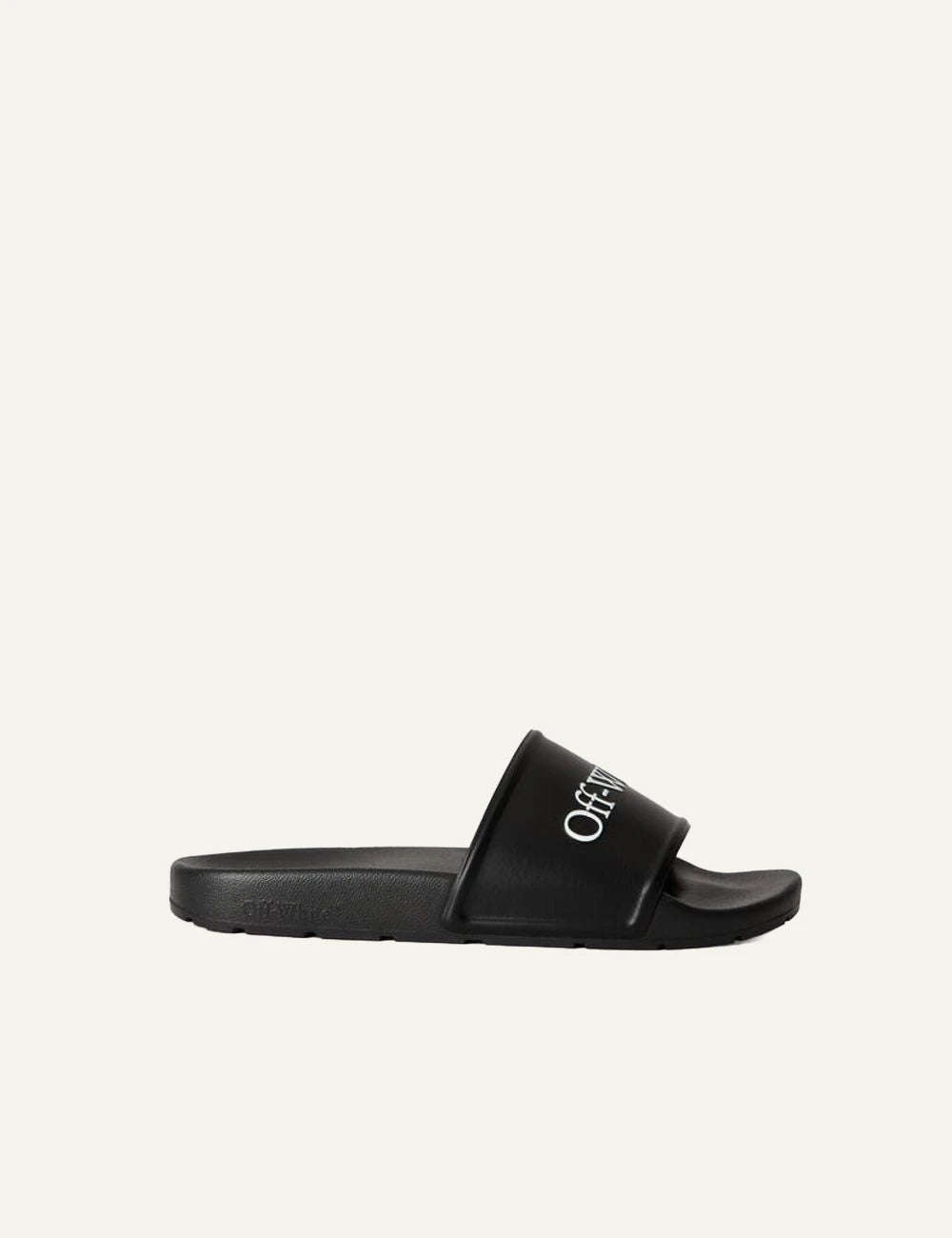 Off-White slider black logo strap flat sandal side view