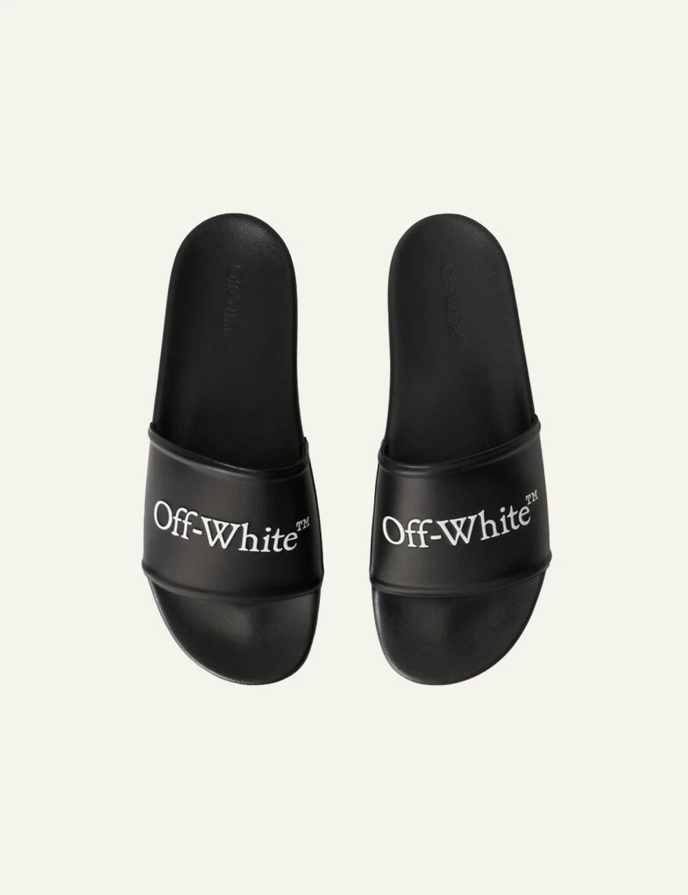 Off-White slider black logo strap flat sandal top view