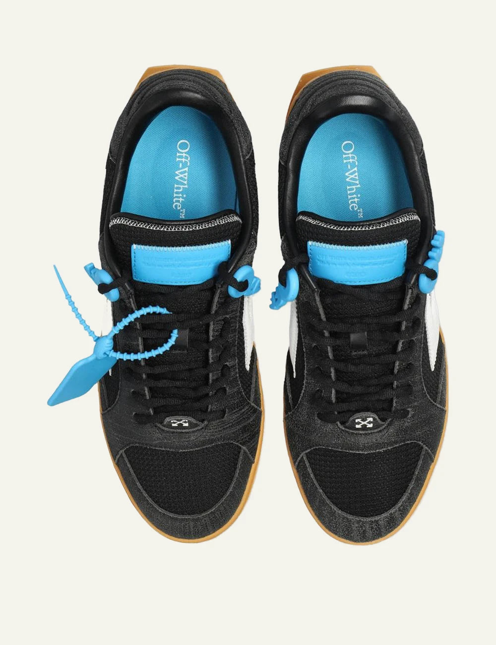 Off-White sneakers black arrow logo gum sole blue detail top view