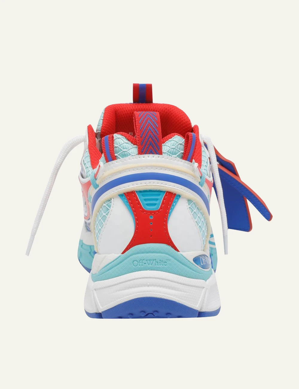 Off-White sneakers multicolor blue red mesh running style back view