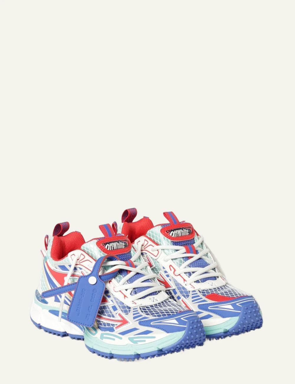 Off-White sneakers multicolor blue red mesh running style angled view