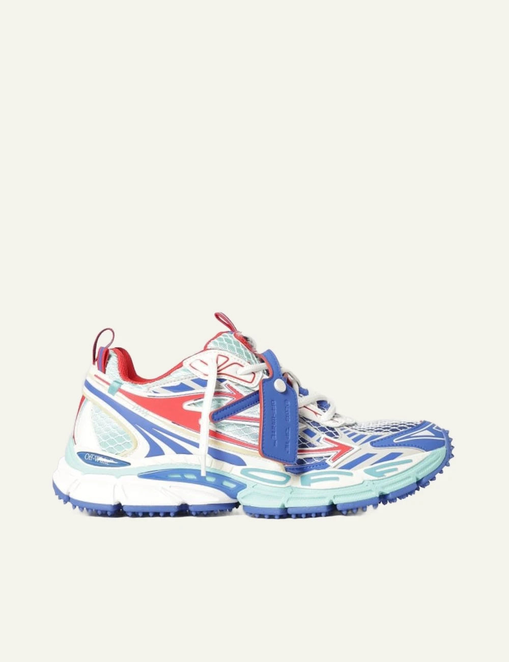 Off-White sneakers multicolor blue red mesh running style side view