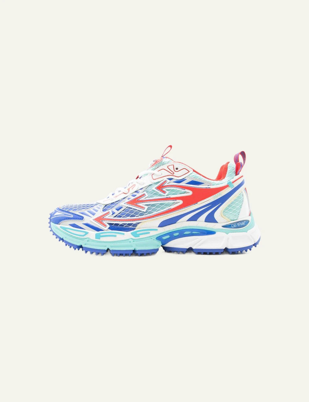Off-White sneakers multicolor blue red mesh running style profile view