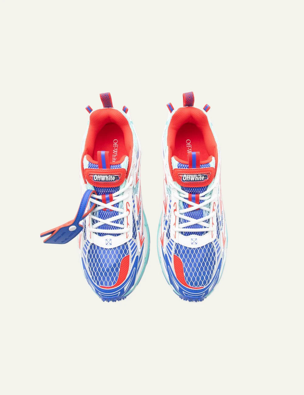 Off-White sneakers multicolor blue red mesh running style top view