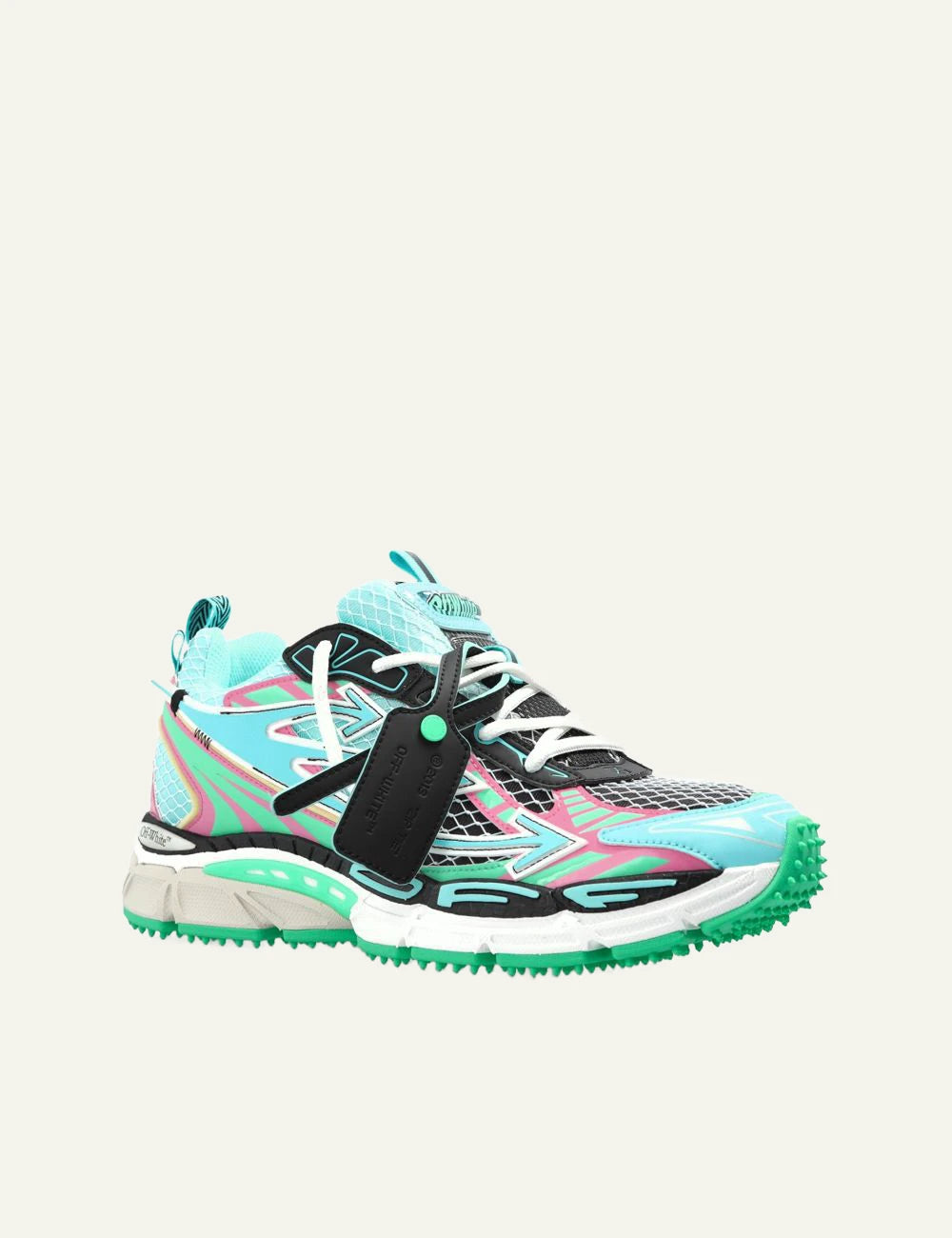 Off-White sneakers multicolor mint pink mesh arrows running angled view