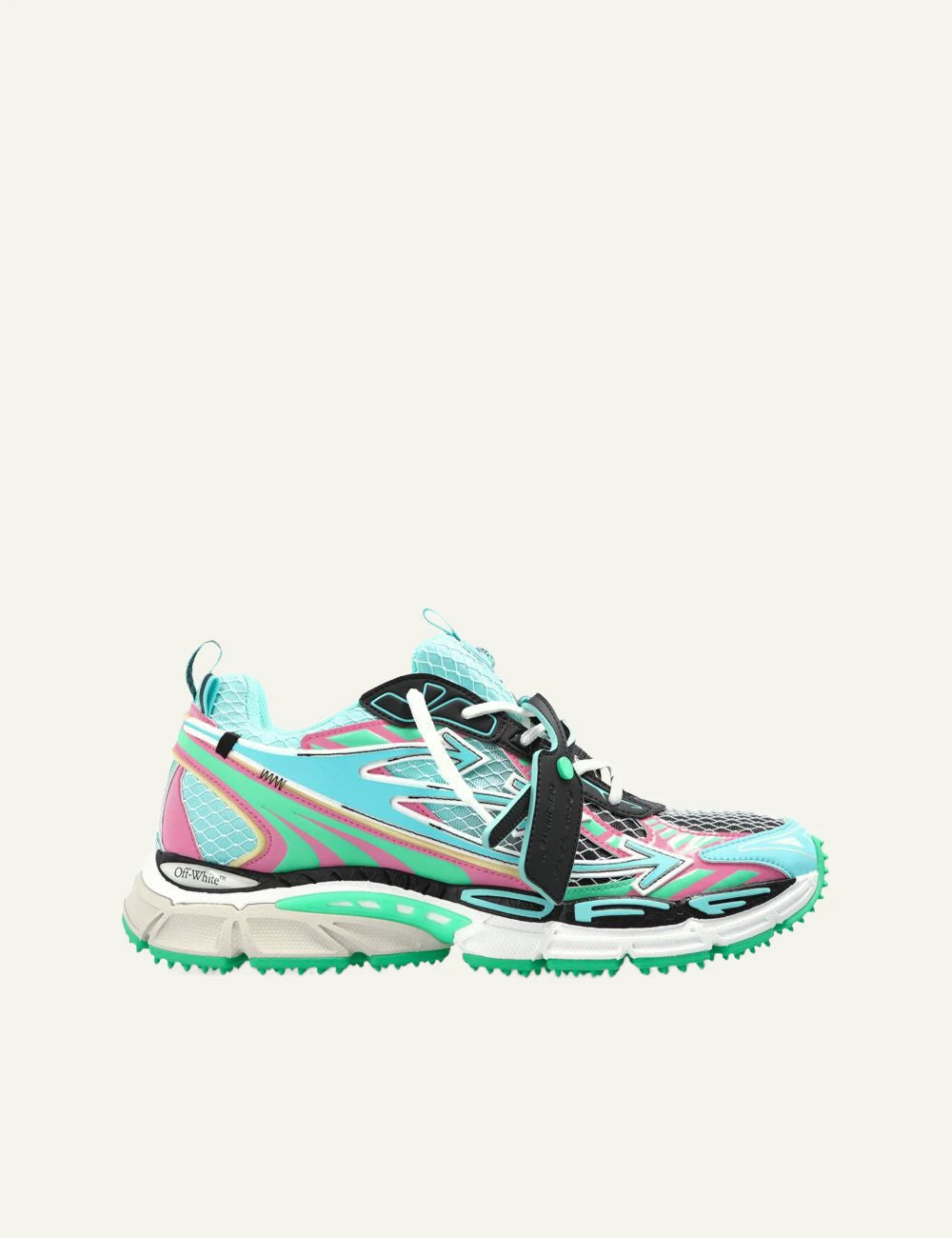 Off-White sneakers multicolor mint pink mesh arrows running side view