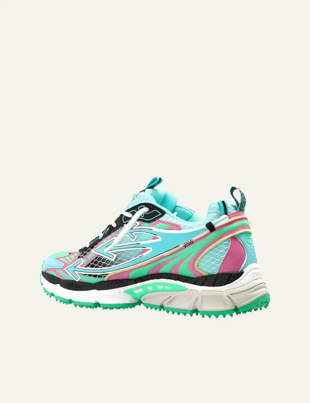 Off-White sneakers multicolor mint pink mesh arrows running profile view