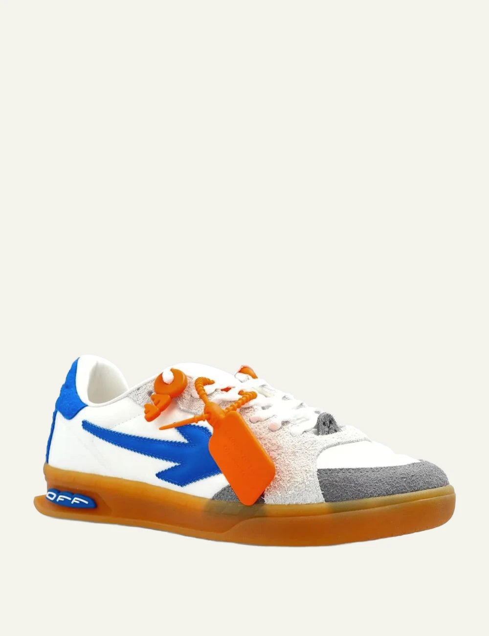Off-White sneakers white blue arrow orange tag gum sole angled view