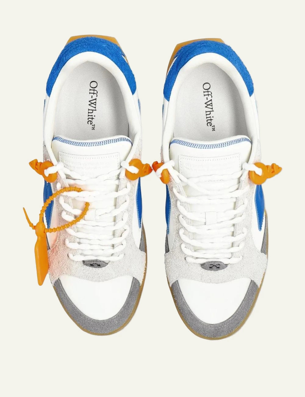 Off-White sneakers white blue arrow orange tag gum sole top view