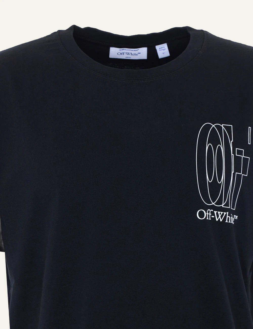 Off White t-shirt black outline logo chest front detail view