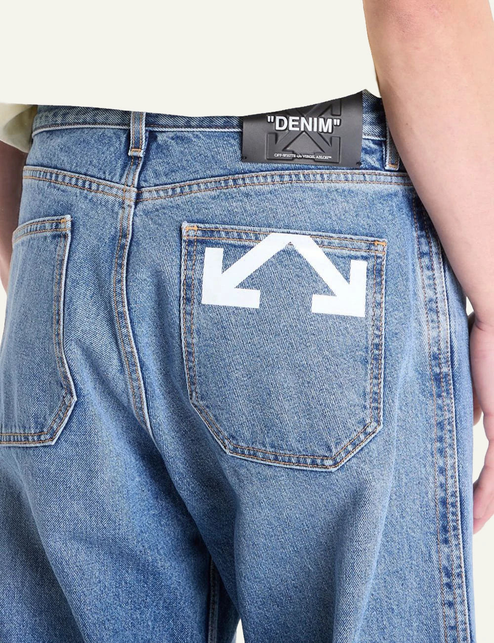 Off-White twisted flare jeans light medium blue back detail view wide leg