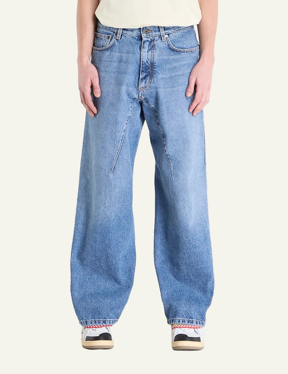 Off-White twisted flare jeans light medium blue front view wide leg