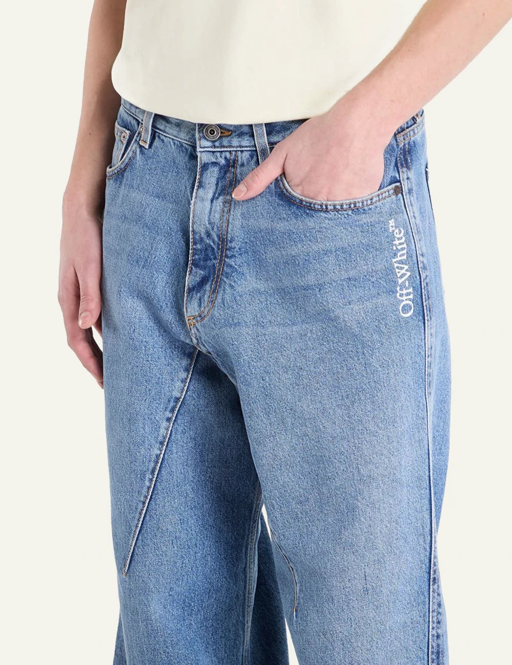 Off-White twisted flare jeans light medium blue front  detail view wide leg
