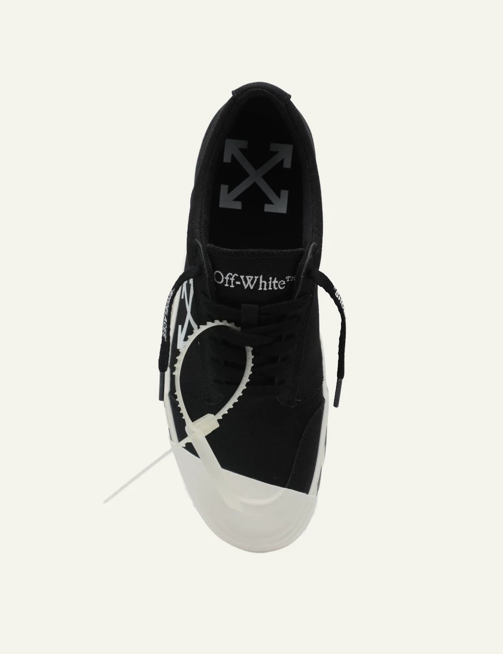 Off-White vulcanized sneakers black canvas arrows logo top view