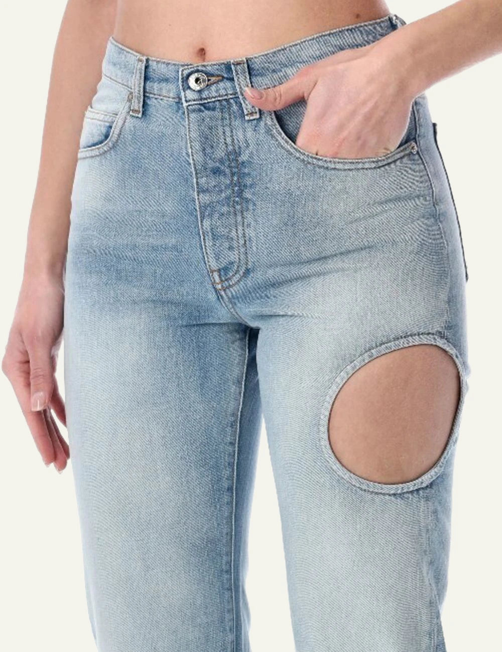Off-White wide leg jeans light blue cut out detail front detail model view
